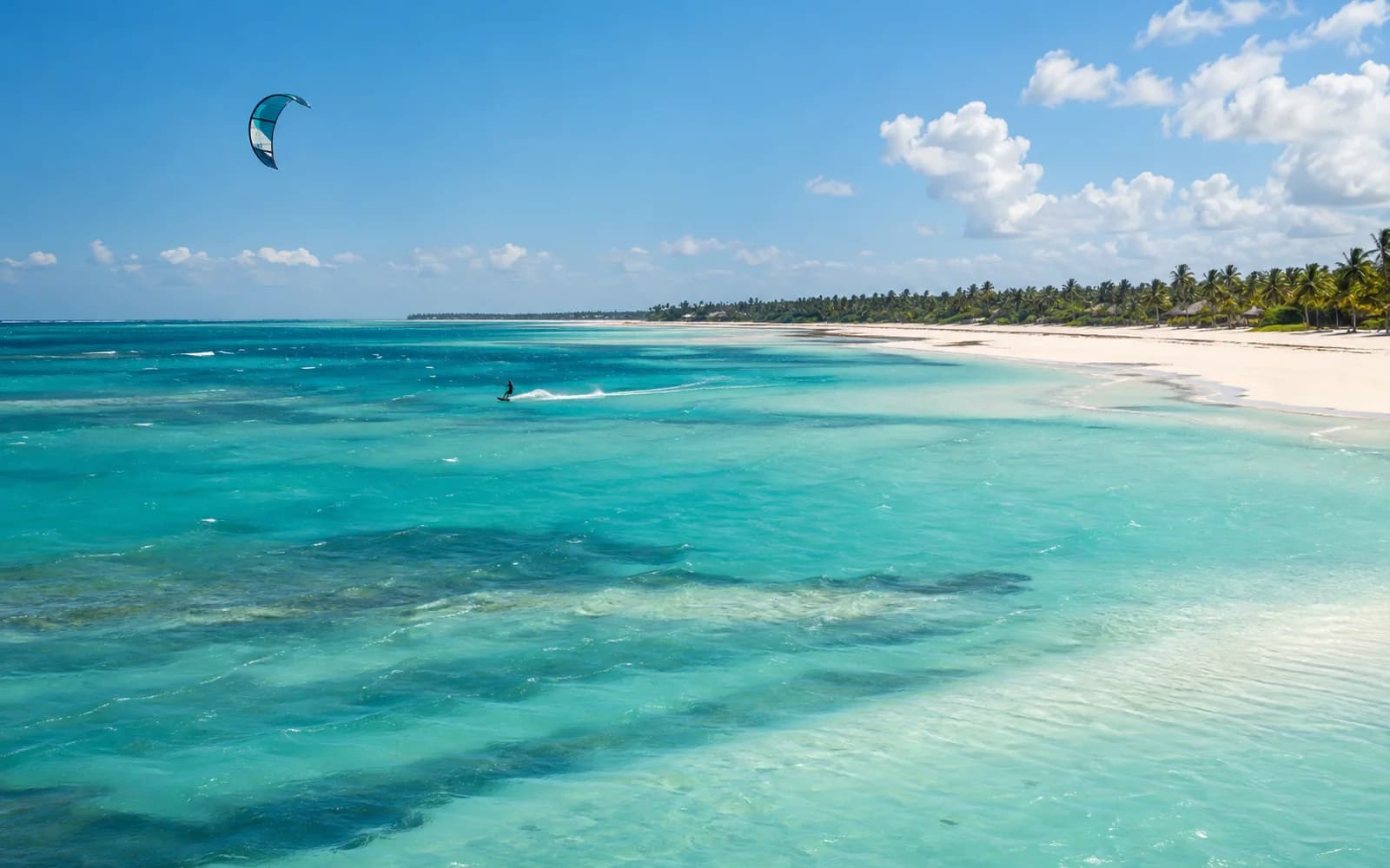Illustration of a wide turquoise coast with a distant kitesurfer