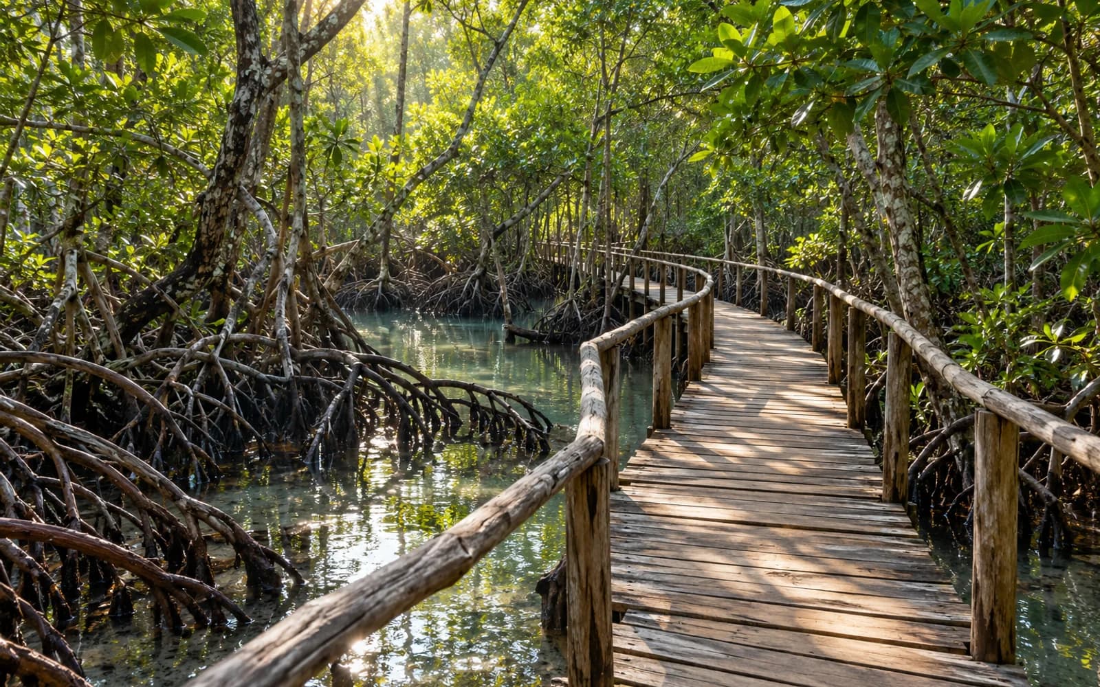 Illustration of an empty boardwalk through a coastal mangrove forest