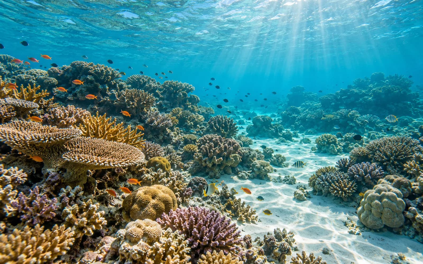 Illustration of tropical reef fish and coral in clear water