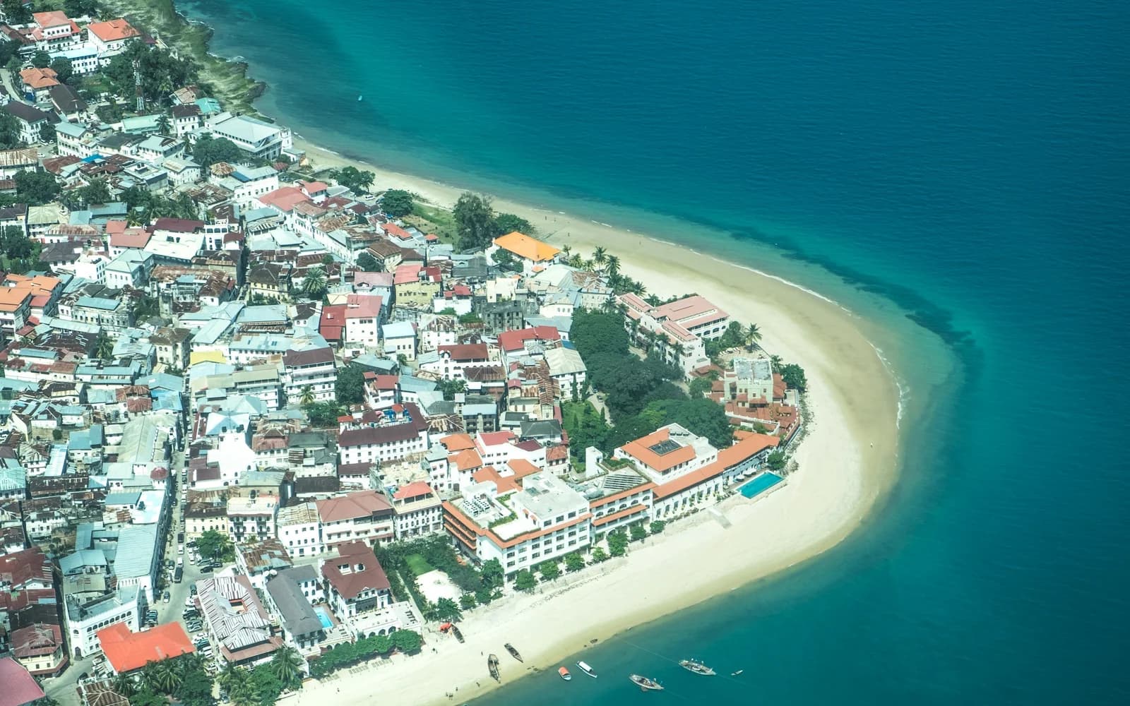 Aerial view of Stone Town and its Indian Ocean coastline