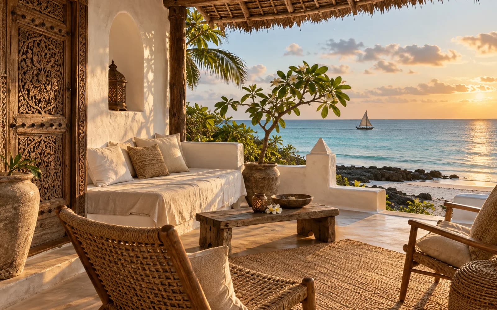 Illustration of a quiet Swahili coastal terrace overlooking the ocean